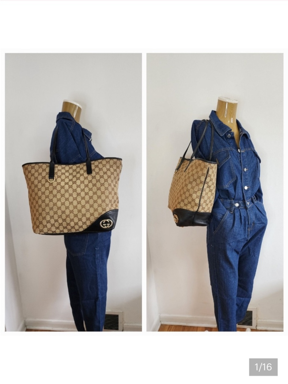 REPOSHING Gucci Brown GG Canvas Tote with Black Leather Trim - Picture 8 of 10